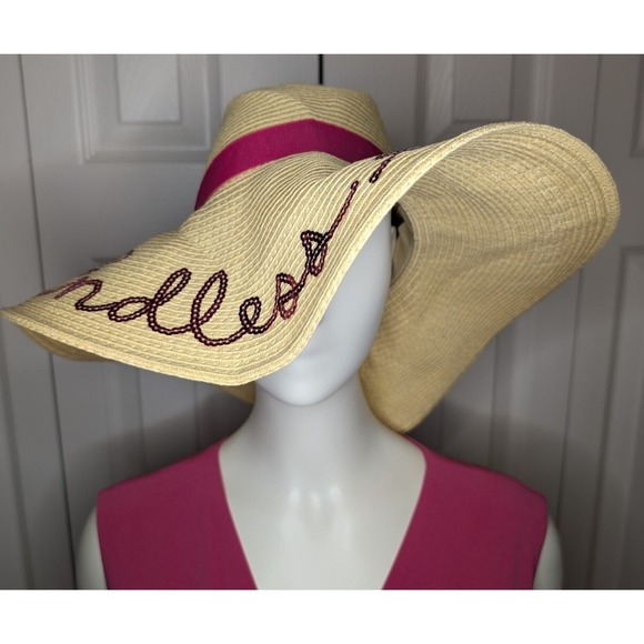 Lake Shore Drive Endless Summer Pink Sequin Ribbon Beige Floppy Hat - Picture 2 of 3